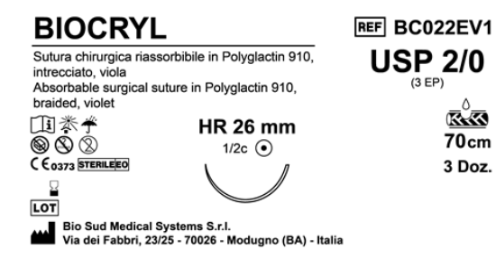 Sutura Biocryl HR26 USP 2-0 - EP 3 70 cm Violet Box 36 pcs
