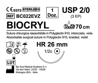 Sutura Biocryl HR 26 USP 2-0 - EP 3 70 cm Violet Box 12 pcs