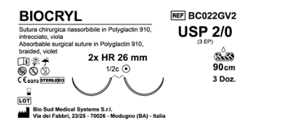 Sutura Biocryl HR 26 USP 2-0 - EP 3 90 cm Violet Double Armed  Box 36 pcs