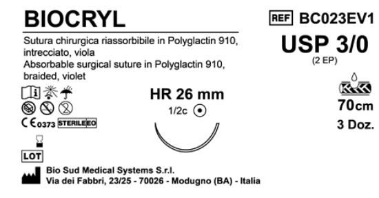 Sutura Biocryl HR26 USP 3-0 - EP 2 70 cm Violet Box 36 pcs