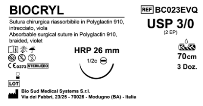 Sutura Biocryl HRP26 USP 3-0 - EP 2 70 cm Violet Needle Plus Black  Box 36 pcs