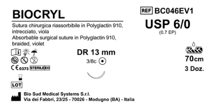 Sutura Biocryl DR13 USP 6-0 - EP 0.7 70 cm Violet Box 36 pcs