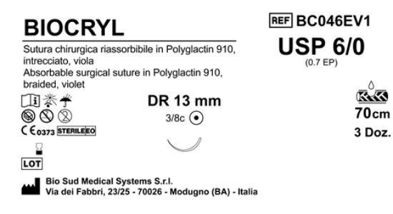 Sutura Biocryl DR13 USP 6-0 - EP 0.7 70 cm Violet Box 36 pcs