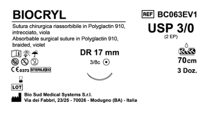 Sutura Biocryl DR17 USP 3-0 - EP 2 70 cm Violet Box 36 pcs