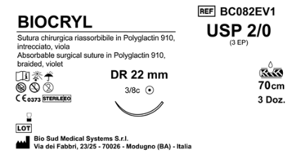 Sutura Biocryl DR22 USP 2-0 - EP 3 70 cm Violet Box 36 pcs