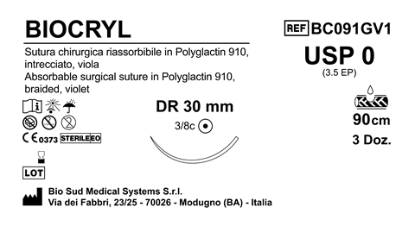 Sutura Biocryl DR30 USP 0 - EP 3.5 90 cm Violet Box 36 pcs