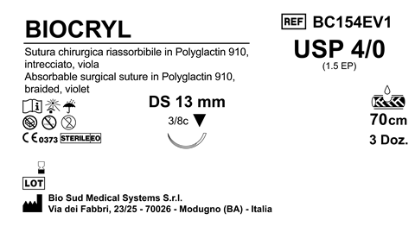Sutura Biocryl DS13 USP 4-0  - EP 1.5 70 cm Violet Box 36 pcs