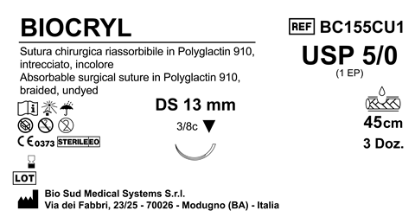 Sutura Biocryl DS13 USP 5-0 - EP 1 45 cm Undyed Box 36 pcs