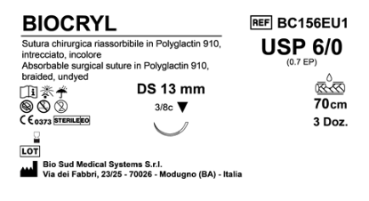 Sutura Biocryl DS13 USP 6-0 - EP 0.7 70 cm Undyed Box 36 pcs