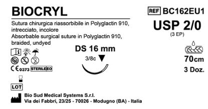 Sutura Biocryl DS 16 USP 2-0 - EP 3 70 cm Undyed Box 36 pcs
