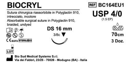 Sutura Biocryl DS16 USP 4-0  - EP 1.5 70 cm Undyed Box 36 pcs
