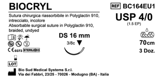 Sutura Biocryl DS16 USP 4-0  - EP 1.5 70 cm Undyed Box 36 pcs