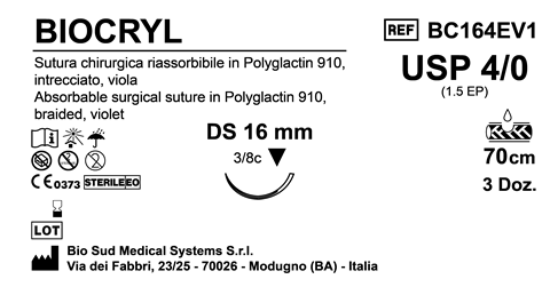 Sutura Biocryl DS16 USP 4-0  - EP 1.5 70 cm Violet Box 36 pcs