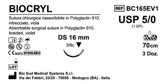 Sutura Biocryl DS16 USP 5-0 - EP 1 70 cm Violet Box 36 pcs