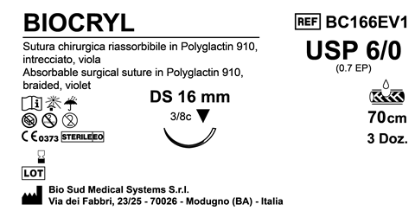 Sutura Biocryl DS 16 USP 6-0 - EP 0.7 70 cm Violet Box 36 pcs