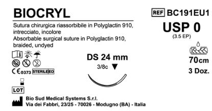 Sutura Biocryl DS24 USP 0 - EP 3.5 70 cm Undyed Box 36 pcs