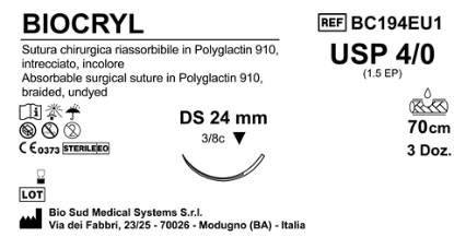 Sutura Biocryl DS24 USP 4-0  - EP 1.5 70 cm Undyed Box 36 pcs