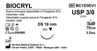 Sutura Biocryl DS18 USP 3-0 - EP 2 70 cm Violet Box 36 pcs