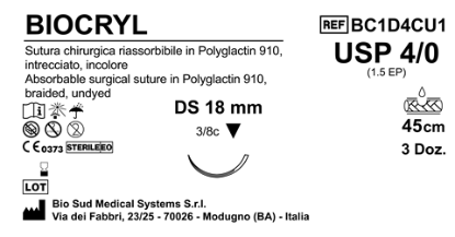 Sutura Biocryl DS 18 USP 4-0  - EP 1.5 45 cm Undyed Box 36 pcs