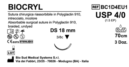 Sutura Biocryl DS18 USP 4-0  - EP 1.5 70 cm Undyed Box 36 pcs