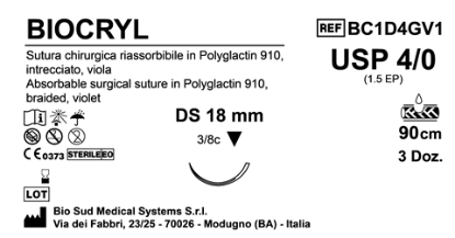 Sutura Biocryl DS18 USP 4-0  - EP 1.5 90 cm Violet Box 36 pcs