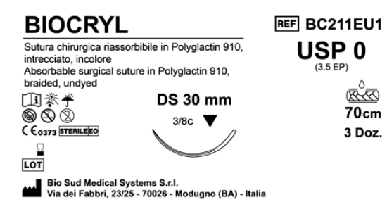 Sutura Biocryl DS30 USP 0 - EP 3.5 70 cm Undyed Box 36 pcs