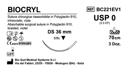 Sutura Biocryl DS36 USP 0 - EP 3.5 70 cm Violet Box 36 pcs
