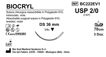Sutura Biocryl DS36 USP 2-0 - EP 3 70 cm Violet Box 36 pcs