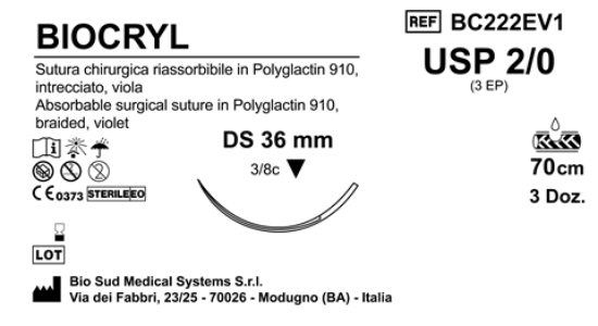 Sutura Biocryl DS36 USP 2-0 - EP 3 70 cm Violet Box 36 pcs