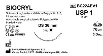 Sutura Biocryl DS36 USP 1 - EP 4 70 cm Violet Box 36 pcs