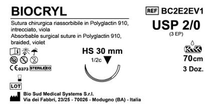 Sutura Biocryl HS30 USP 2-0 - EP 3 70 cm Violet Box 36 pcs