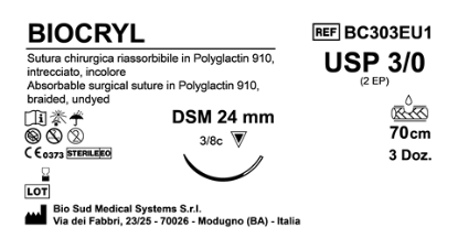Sutura Biocryl DSM24 USP 3-0 - EP 2 70 cm Undyed Box 36 pcs
