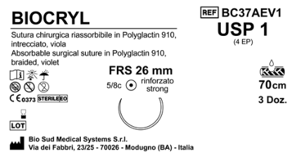 Sutura Biocryl FRS26 USP 1 - EP 4 70 cm Violet Box 36 pcs
