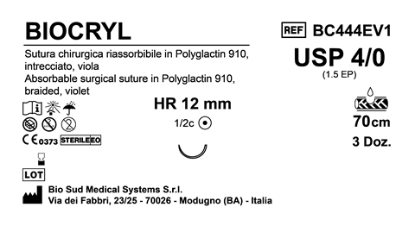 Sutura Biocryl HR12 USP 4-0  - EP 1.5 70 cm Violet Box 36 pcs