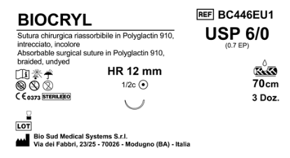 Sutura Biocryl HR12 USP 6-0 - EP 0.7 70 cm Undyed Box 36 pcs
