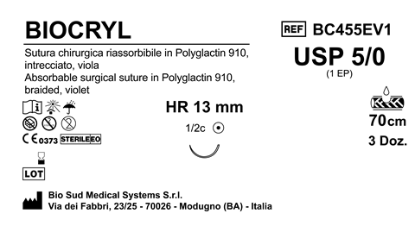 Sutura Biocryl HR13 USP 5-0 - EP 1 70 cm Violet Box 36 pcs