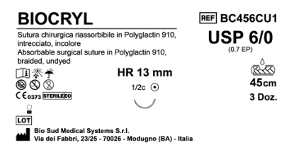 Sutura Biocryl HR 13 USP 6-0 - EP 0.7 45 cm Undyed Box 36 pcs