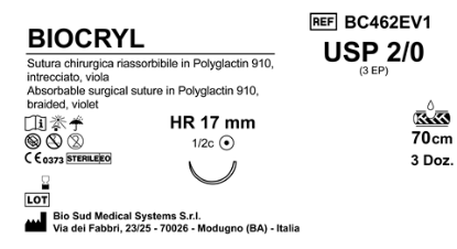 Sutura Biocryl HR17 USP 2-0 - EP 3 70 cm Violet Box 36 pcs