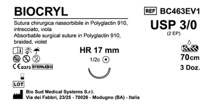 Sutura Biocryl HR17 USP 3-0 - EP 2 70 cm Violet Box 36 pcs