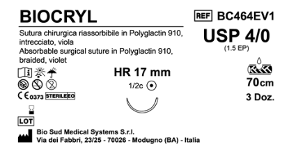Sutura Biocryl HR17 USP 4-0  - EP 1.5 70 cm Violet Box 36 pcs