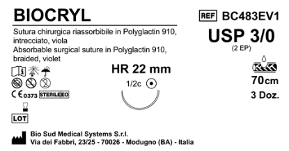 Sutura Biocryl HR22 USP 3-0 - EP 2 70 cm Violet Box 36 pcs
