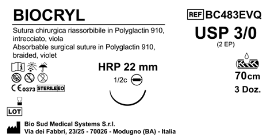 Sutura Biocryl HRP 22 USP 3-0 - EP 2 70 cm Violet Needle Plus Black  Box 36 pcs