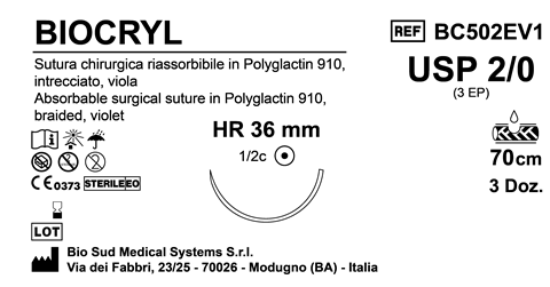 Sutura Biocryl HR36 USP 2-0 - EP 3 70 cm Violet Box 36 pcs