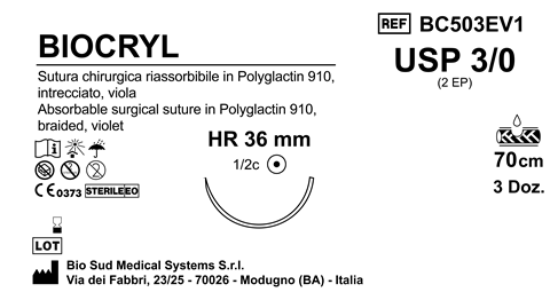 Sutura Biocryl HR36 USP 3-0 - EP 2 70 cm Violet Box 36 pcs