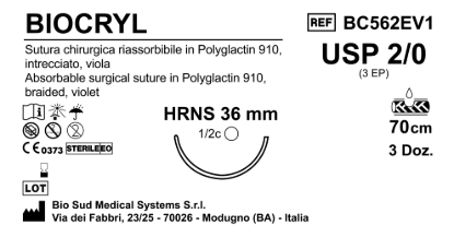 Sutura Biocryl HRNS36 USP 2-0 - EP 3 70 cm Violet Box 36 pcs