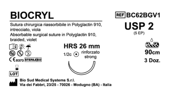 Sutura Biocryl HRS26 USP 2 - EP 5 90 cm Violet Box 36 pcs