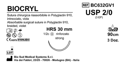 Sutura Biocryl HRS 30 USP 2-0 - EP 3 90 cm Violet Box 36 pcs