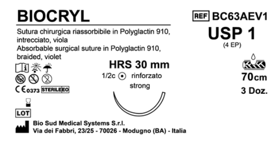 Sutura Biocryl HRS30 USP 1 - EP 4 70 cm Violet Box 36 pcs