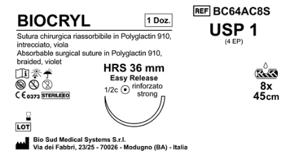 Sutura Biocryl HRS 36 USP 1 - EP 4 45 cm 8 Threads Violet Easy Release Box 12pcs