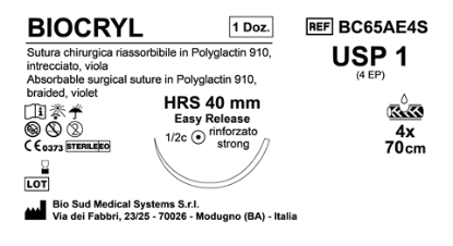 Sutura Biocryl HRS 40 USP 1 - EP 4 70 cm 4 Threads Violet Easy Release Box 12pcs